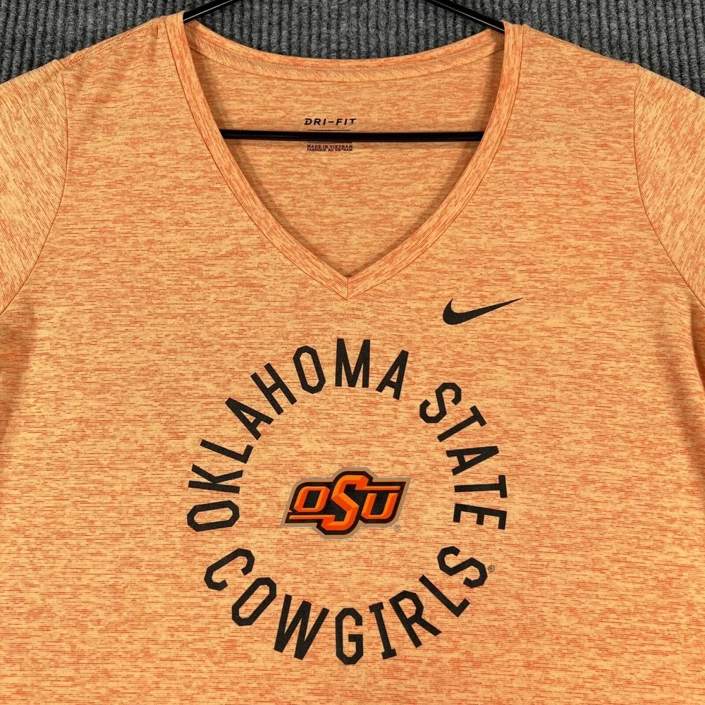 Oklahoma State Cowboys Shirt Womens Large Orange V Neck Short Sleeve Nike NCAA